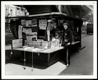 Blind news dealer P.J. McNulty at his stand at the north east corner of 3rd Avenue and 42nd Street, New York, 1926 by Byron Company